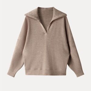 OGL Cozy Collared V-Neck Batwing Sleeve Pullover in Heather Taupe NWT